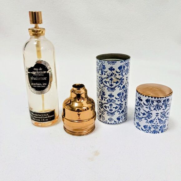 60s Guerlain Shalimar Blue White Canister Enamel EMPTY 3 oz Bottle Spray Vintage - Picture 2 of 13